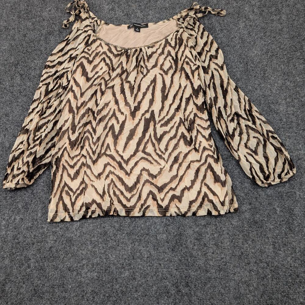 INC Top Womens Small Brown Beige Animal Print Shoulder 3/4 Sleeve Blouse Shirt